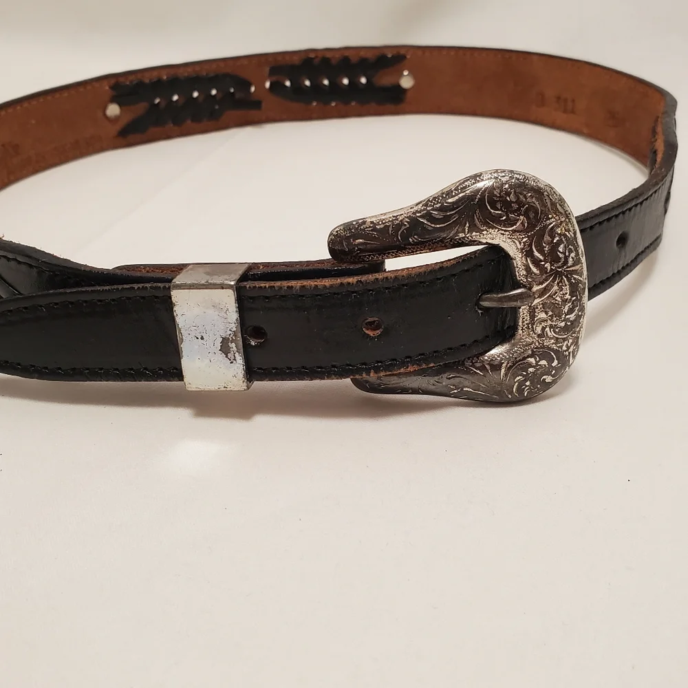 Nocona Western Black Leather Belt Made in USA Woven Embossed Embellishments